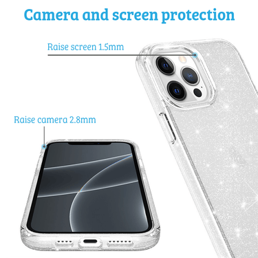 iPhone 15 Plus Heavy Duty Shiny Glitter Clear Case Cover - Scratch Resistant, Wireless Charging Compatible, Screen & Camera Lens Protection- Transparent